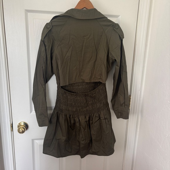 Olive Green Trench Style Smocked Mini Dress Long Sleeve Utility Fit and Flare M - Picture 3 of 4